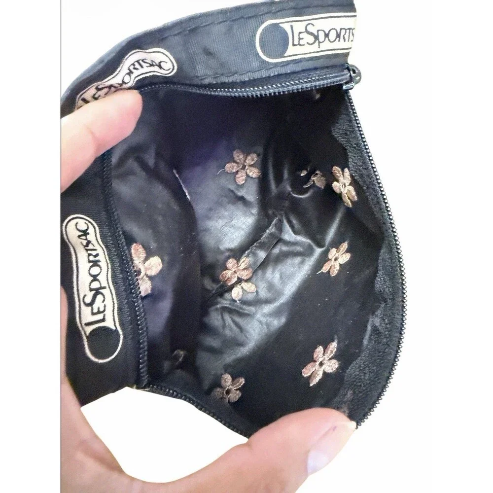 LeSportSac Black Beige Embroidered Flower Floral Cosmetic Clutch One Zipper
